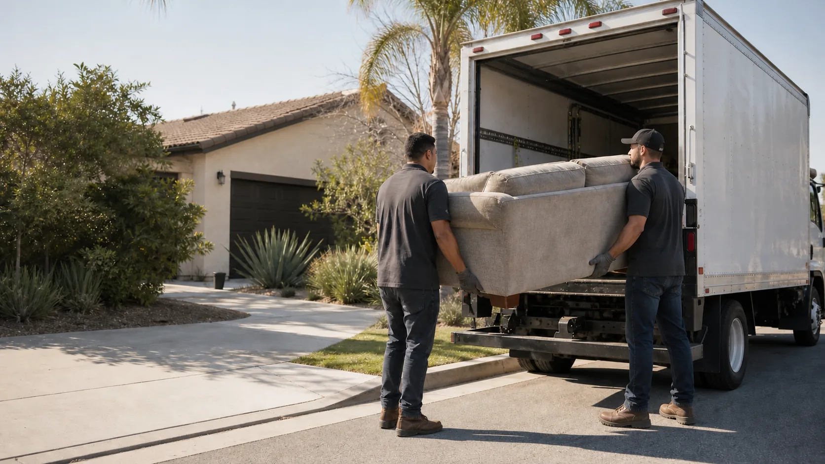 Two professional haulers carrying a sofa toward a clean box truck